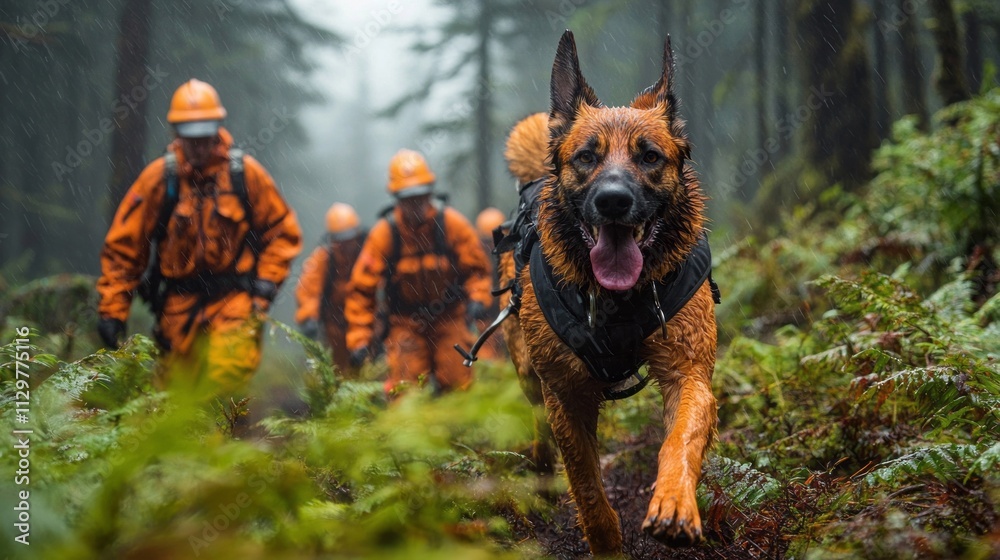 Green Rescue Team Amidst a lush green forest, a dedicated rescue team clad in orange gear ...