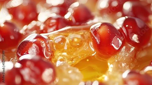 Close-up of glistening pomegranate arils with honey. photo