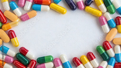 Colorful antimicrobial capsule pills arranged in a circular pattern on a transparent background, medication, pharmaceuticals, pharma, antimicrobial, medicine packaging