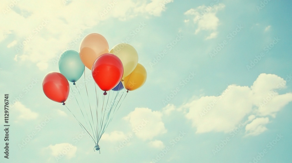 Vibrant Balloons Floating Against a Bright Blue Sky with Clouds Vibrant Balloons Floating Against a Bright Blue Sky with Clouds