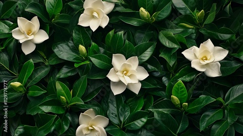 Fototapeta Naklejka Na Ścianę i Meble -  a close up of dark glossy and vibrant green gardenia white flowers and leaves background