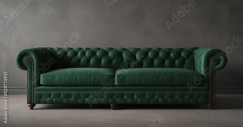 Comfortable dark green Chesterfield sofa with three rolled-back cushions, upholstery, dark green, comfortable photo