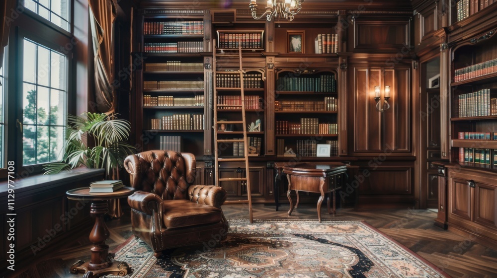 A traditional library with dark wooden shelves, a rolling ladder A traditional library with dark wooden shelves, a rolling ladder