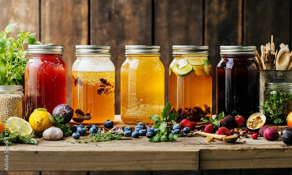 Refreshing Homemade Beverages Displayed in Jars with Fresh Ingredients on Wooden Table Surrounded by Herbs and Fruits for a Rustic Vibe Refreshing Homemade Beverages Displayed in Jars with Fresh Ingredients on Wooden Table Surrounded by Herbs and Fruits for a Rustic Vibe