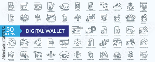 Digital wallet icon collection set with e-wallet app, digital currency, cashless transaction, fraud detection, real time notification