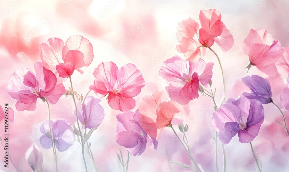 Serene watercolor sweet peas in pastel pink and lavender Serene watercolor sweet peas in pastel pink and lavender