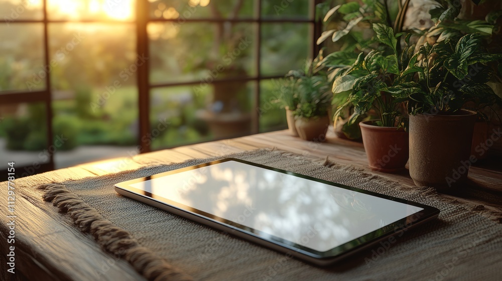 Tablet with blank screen on wooden table near window, plants. Tablet with blank screen on wooden table near window, plants.