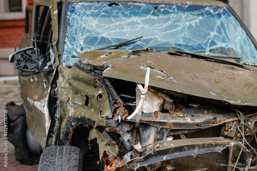 Fototapeta premium A car donated by Latvia that suffered in the Ukrainian war, close up of the details
