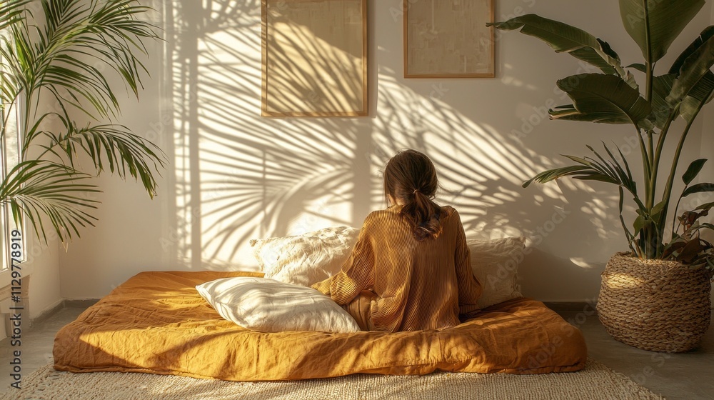 A woman peacefully relaxes on a cozy bed, surrounded by soft pillows. Sunlight filters through the window, casting delicate patterns on the wall, creating a tranquil atmosphere perfect for unwinding A woman peacefully relaxes on a cozy bed, surrounded by soft pillows. Sunlight filters through the window, casting delicate patterns on the wall, creating a tranquil atmosphere perfect for unwinding