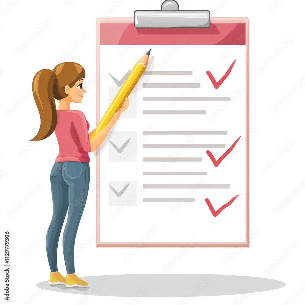 Woman Checking Off To-Do List Illustration Woman Checking Off To-Do List Illustration
