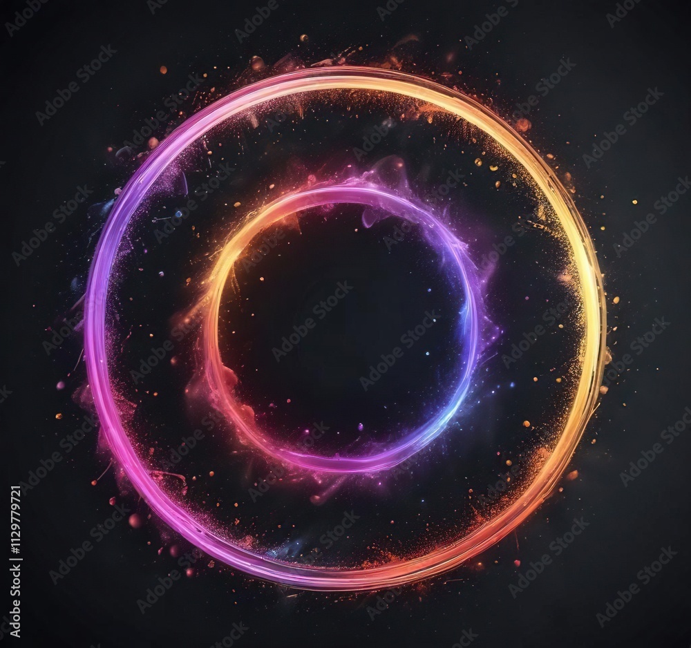 Fine colorful particles spread out in a circular motion, colorful flakes, colorful particles, fine dust