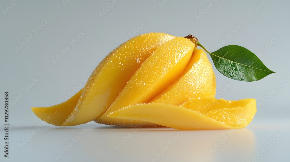 Sliced ripe mango with leaf showing juicy texture Sliced ripe mango with leaf showing juicy texture