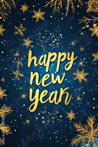 a design for happy new year card, banner, clean and simple solid color background，backdrop with "2025","happy new year" texts in the center, there are a few stars and snowflakes around，c4d style, 3d, 