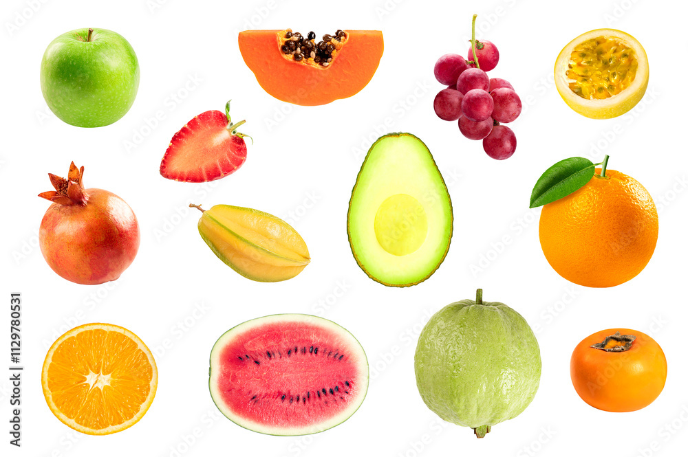 Various of fruits collection isolated on white background. Healthy fruits concept. Various of fruits collection isolated on white background. Healthy fruits concept.