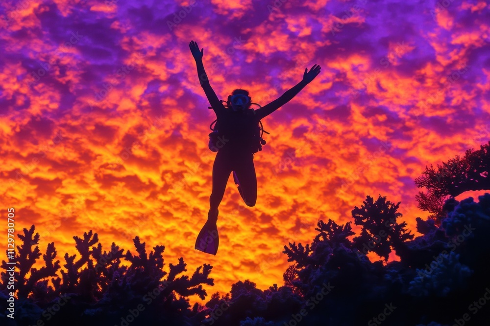 Silhouette of diver jumping into vibrant sunset over coral reef. Silhouette of diver jumping into vibrant sunset over coral reef.