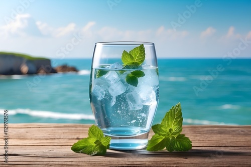 A glass of cool mineral water with mint on a wooden table with copy space image for food and drinks against a summer seascape and coastline
