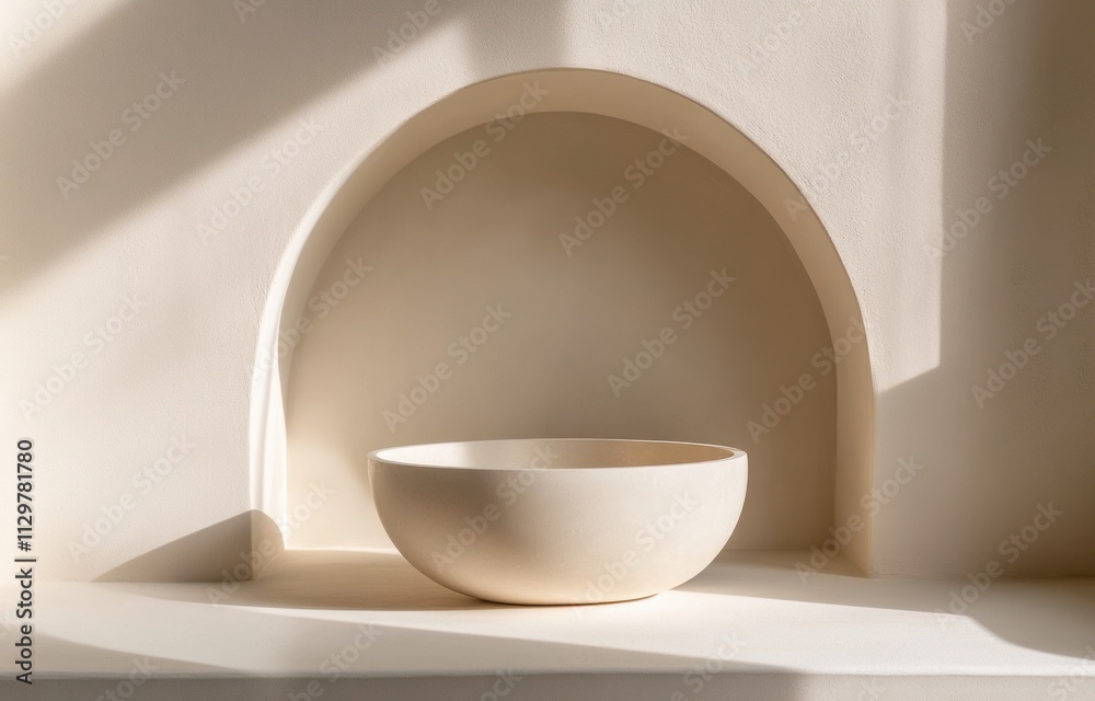 Minimalist beige bowl in arched niche, sunlit. Minimalist beige bowl in arched niche, sunlit.