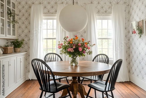 Bright and Cozy Dining Room with Round Wooden Table, Black Chairs and Vibrant Floral Centerpiece, Featuring Large Paper Lantern Light Fixture and Patterned Wallpaper with White Curtains.