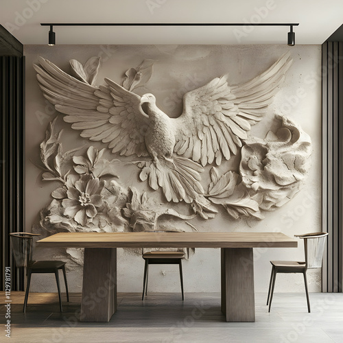 Elegant Dove Bas-relief Wall Art, Intricate Stone Carving Decorates Dining Room with Tranquil Beauty photo