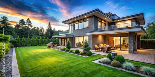 Lush green lawns and modern patios define this dream home's exterior.