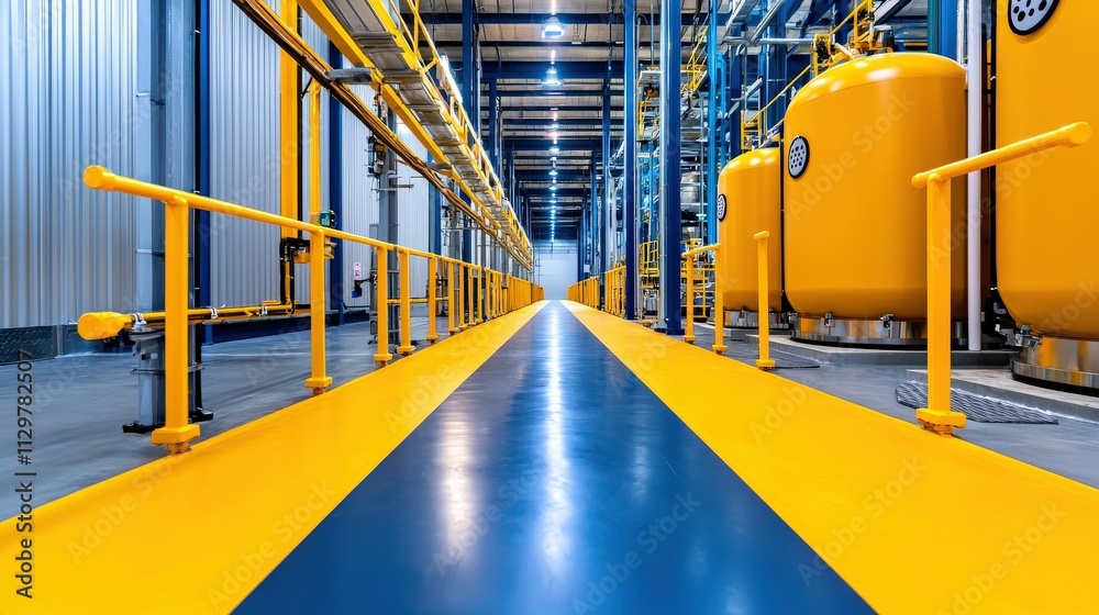 Naklejka premium A vibrant industrial corridor featuring yellow tanks and blue flooring, showcasing modern manufacturing and engineering design.