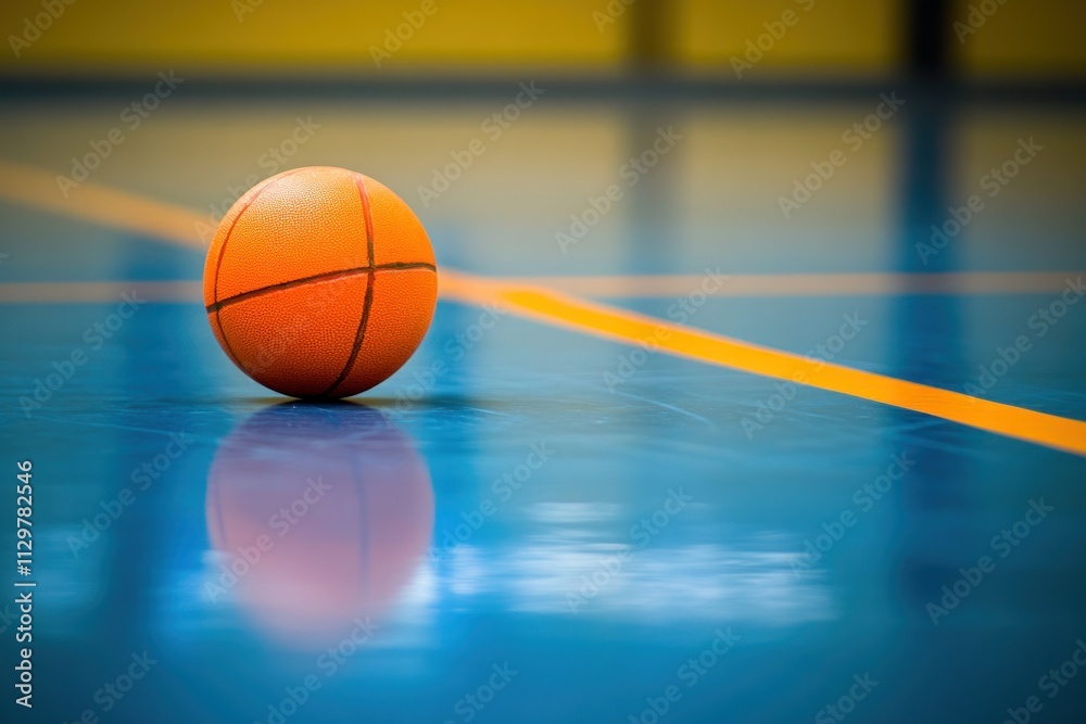 Single orange basketball on a blue court. Single orange basketball on a blue court.