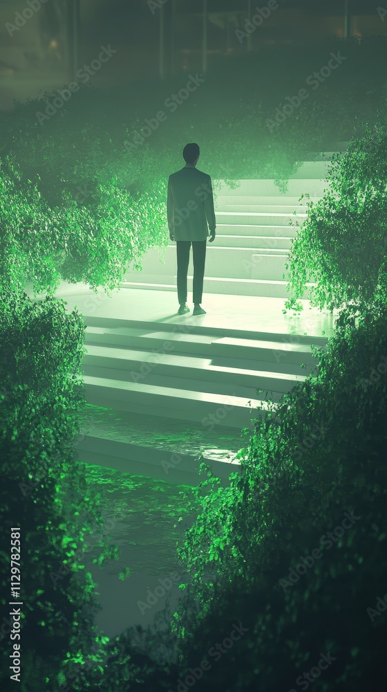 Man in Suit Ascending Steps Amidst Lush Green Foliage Man in Suit Ascending Steps Amidst Lush Green Foliage