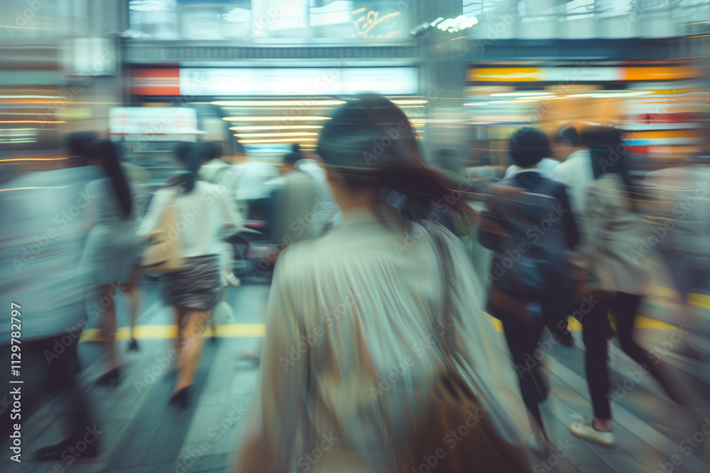 Blur motion busy urban downtown city crowd people commuter public transportation. Business center office building concept Blur motion busy urban downtown city crowd people commuter public transportation. Business center office building concept