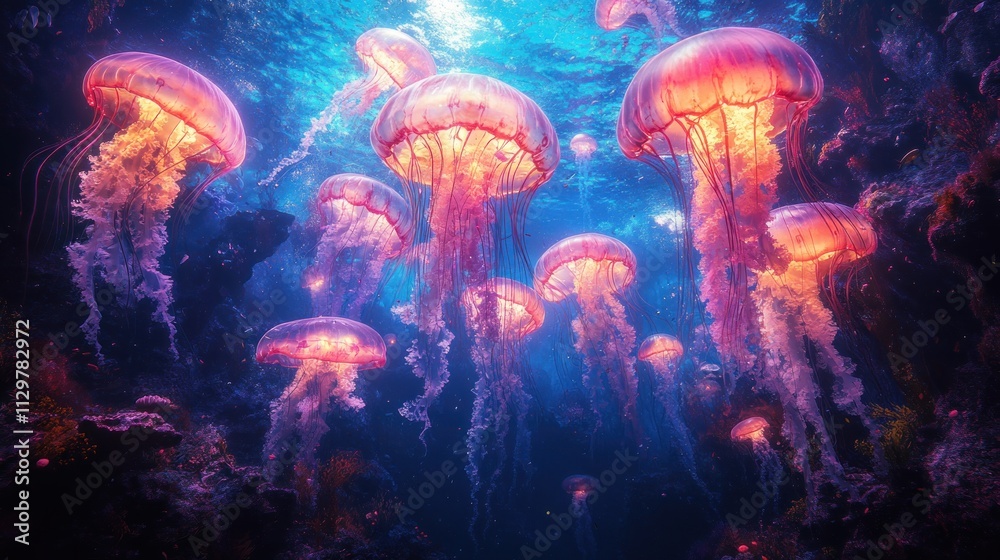 Naklejka premium Diver Swimming Among Bioluminescent Jellyfish in a Colorful Underwater Scene