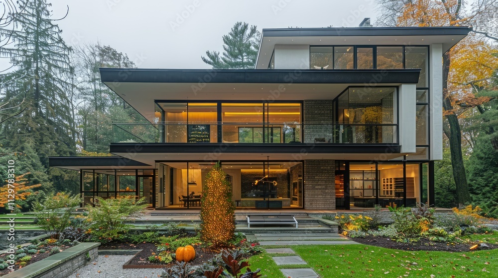 Modern house with large windows, autumn garden. Modern house with large windows, autumn garden.