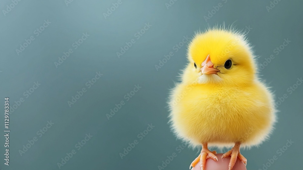 Cute fluffy yellow chickling on blue background.