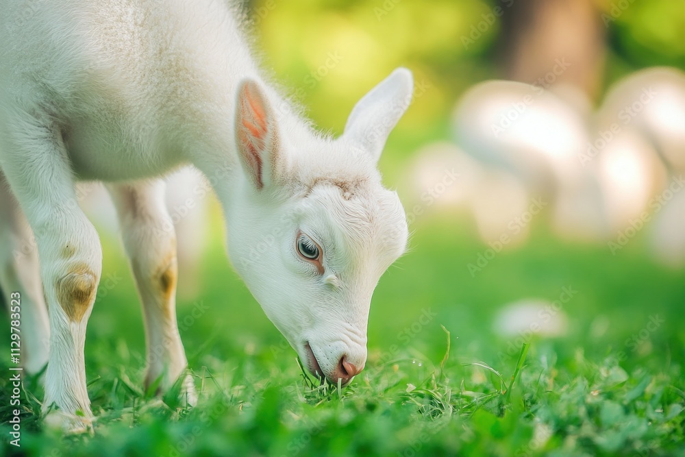 Adorable white baby goat grazing on lush green grass in a sunny pasture.