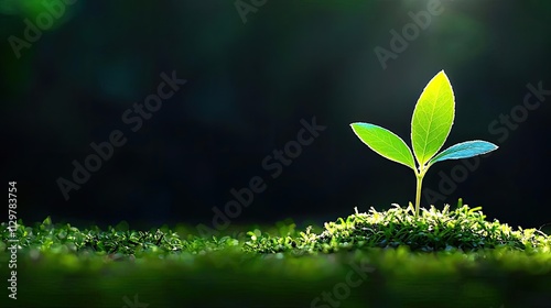 A young green plant sprouting from lush moss in a serene, dark setting.