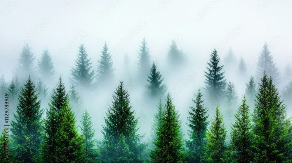 A serene forest landscape shrouded in mist, showcasing tall evergreen trees.