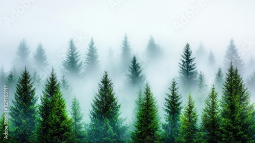 A serene forest landscape shrouded in mist, showcasing tall evergreen trees.