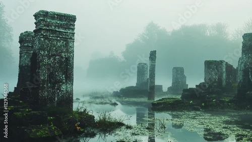 Enigmatic Ruins in Misty Waters: A Serene and Mysterious Landscape