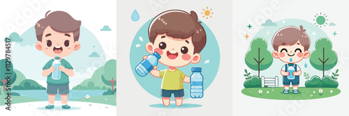 set of vector little boy drinking water
