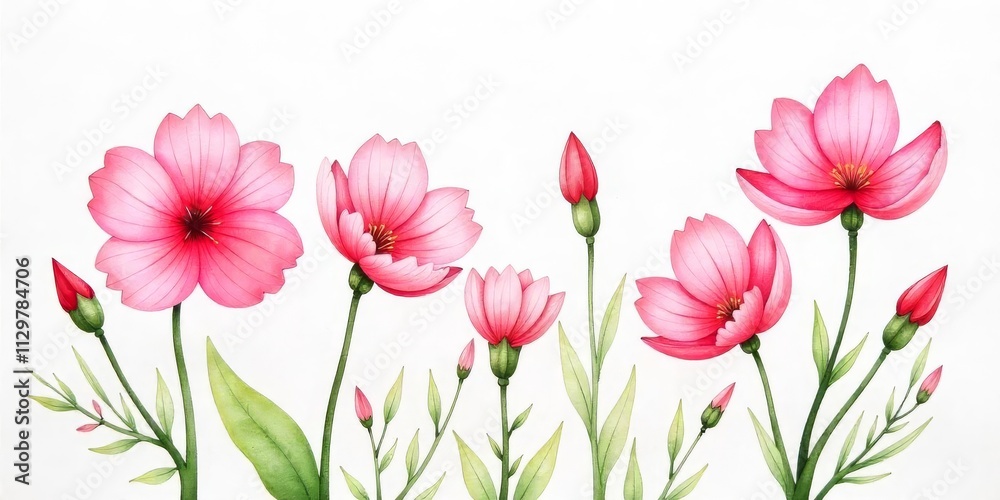 Fototapeta premium Delicate Pink Flowers and Buds in Watercolor Style