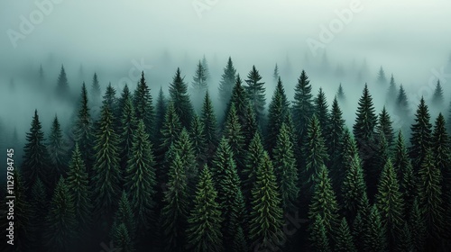 A serene forest landscape shrouded in mist, showcasing towering evergreen trees.