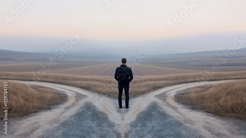 Man stands at crossroads on hazy day. He faces future. Life choices. Uncertain path ahead. Empty fields surround spot. Rural landscape shows decision making in nature. Uncertain future awaits.