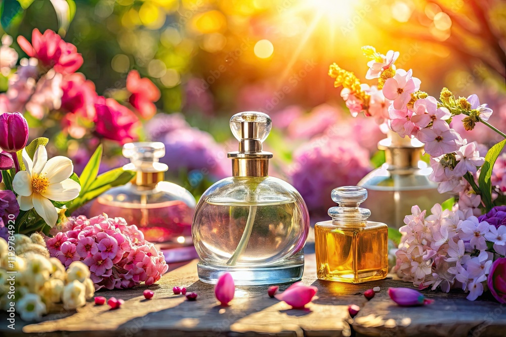 Luxurious perfumes grace a spring floral landscape, captured in elegant still life photography.