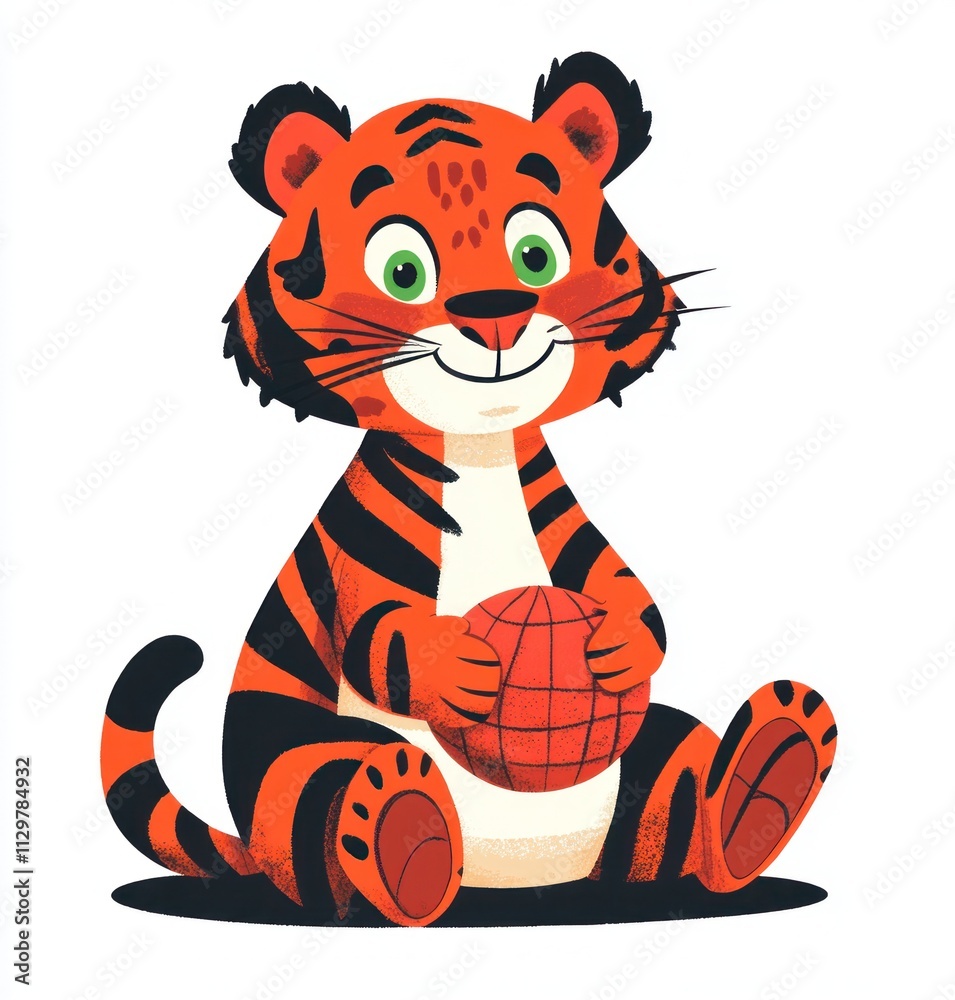 Cute cartoon tiger cub sitting, holding a ball. Cute cartoon tiger cub sitting, holding a ball.