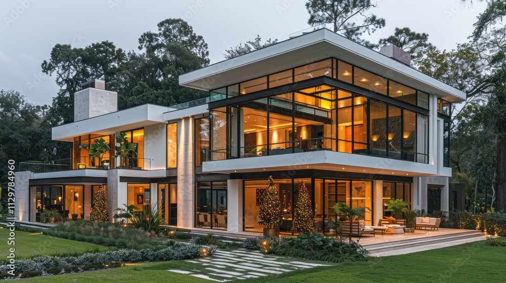 Modern luxury house at dusk, illuminated windows, expansive glass walls, landscaped garden. Modern luxury house at dusk, illuminated windows, expansive glass walls, landscaped garden.