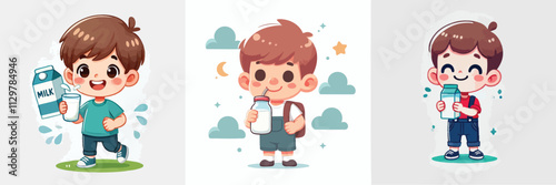 set of vector little boy drinking milk