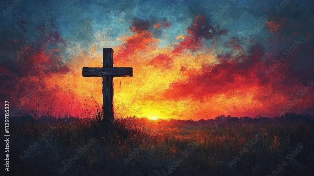 Silhouetted Cross at Vibrant Sunset with American Flag Symbolizing Faith and Hope Silhouetted Cross at Vibrant Sunset with American Flag Symbolizing Faith and Hope