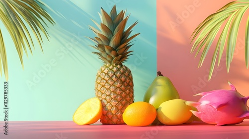 Tropical Fruits Arranged Against Pastel Background