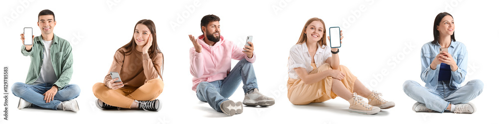 Set of young people with smartphones on white background Set of young people with smartphones on white background