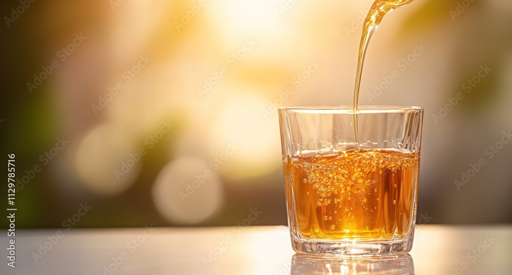 Amber liquid pouring into glass on table, sunset background. Amber liquid pouring into glass on table, sunset background.