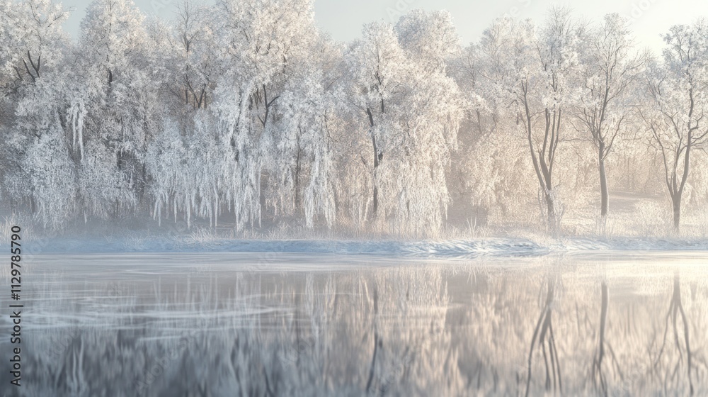 Frost-covered trees reflected in a serene, icy landscape Frost-covered trees reflected in a serene, icy landscape