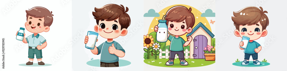 set of vector little boy drinking milk set of vector little boy drinking milk